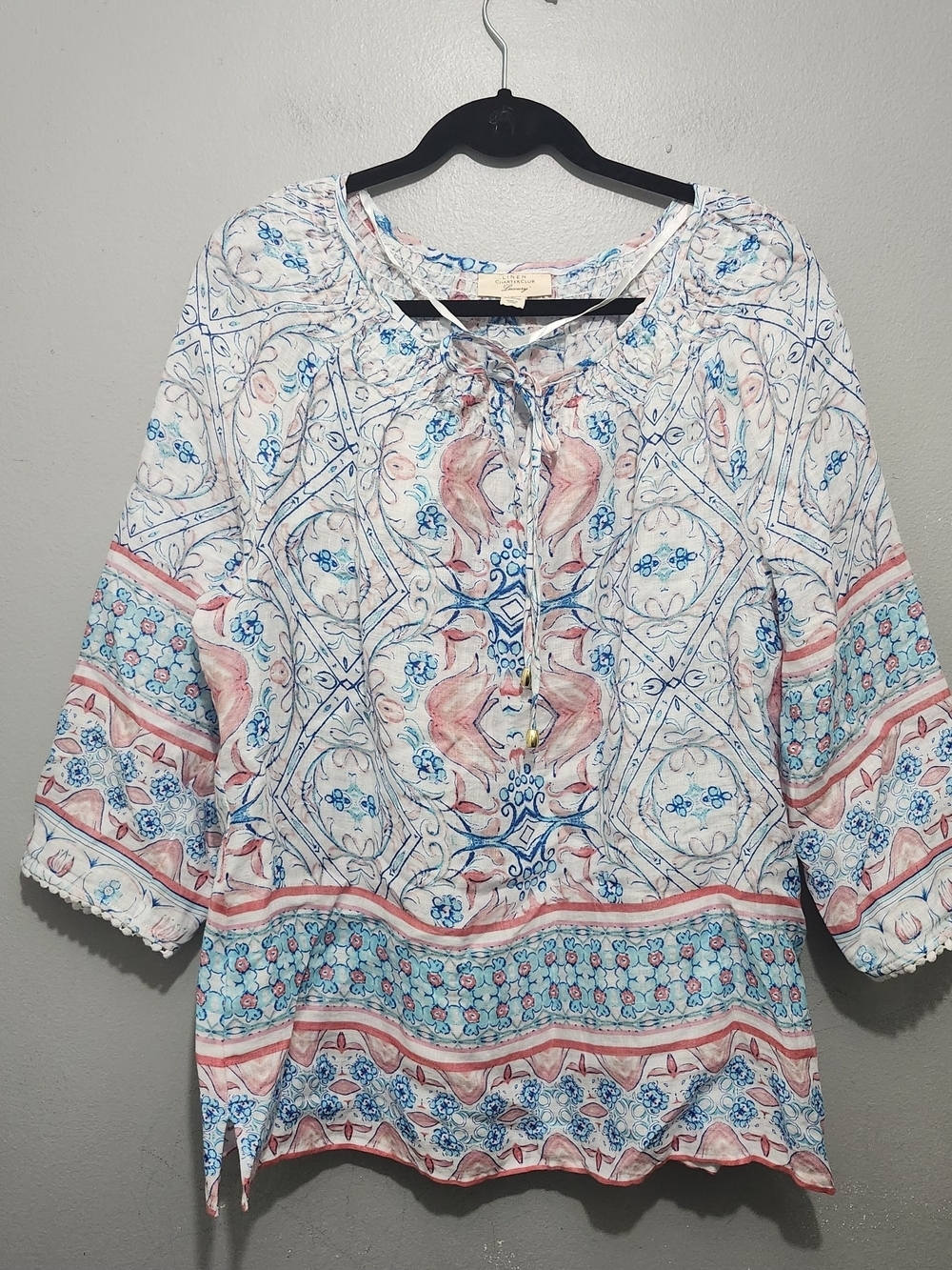 Charter Club White Printed Peasant Tunic  Blue & Pink 100% Linen Size L